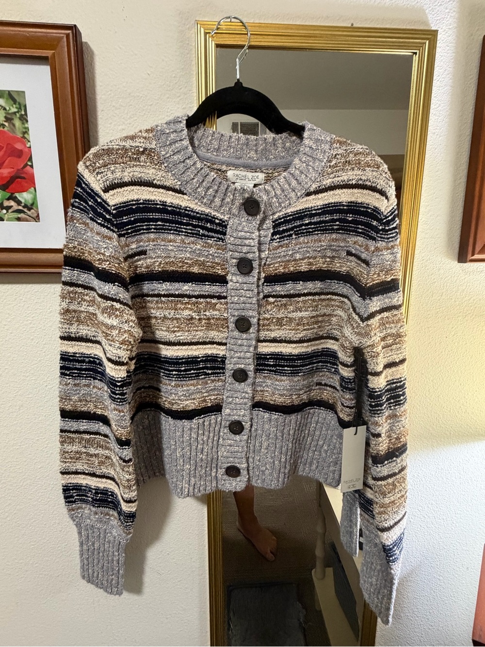 Rachel Zoe Striped Cropped Button Cardigan in Gray and Tan